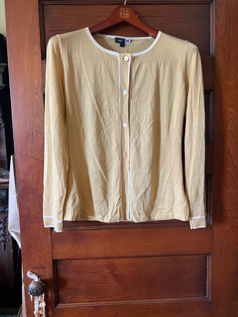 Saks Fifth Avenue Beige White-Trim Button Front Cardigan